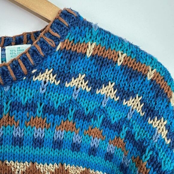Segrets Sun Prints Teal Navy Tan Fair Isle Aztec Grandpa Chunky Knit Sweater - Picture 4 of 12